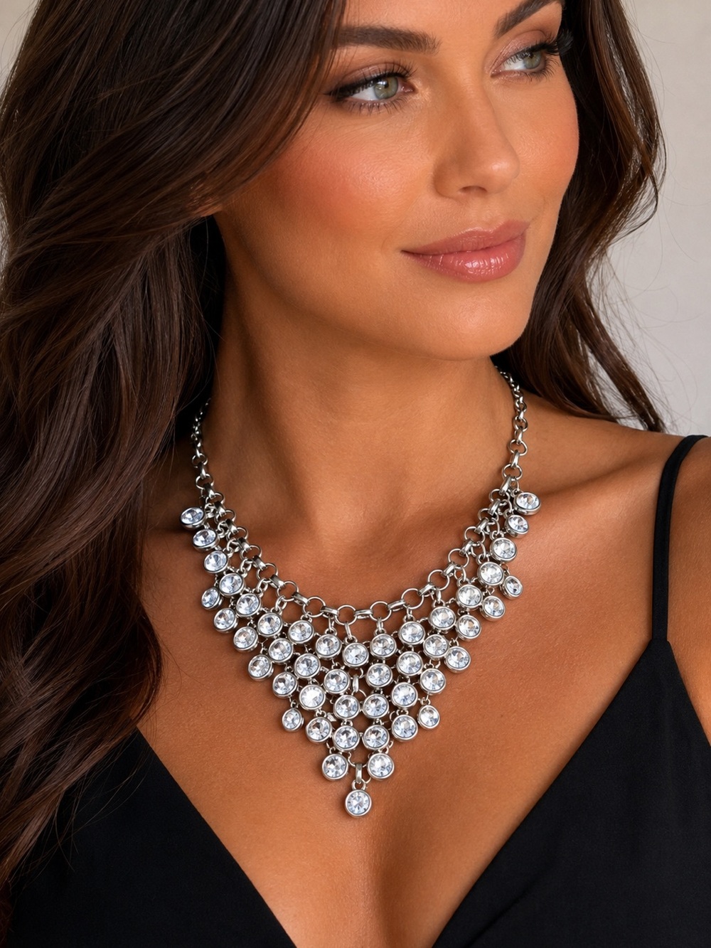 Silver Bezel Set Rhinestone Bib Necklace Statement Jewelry